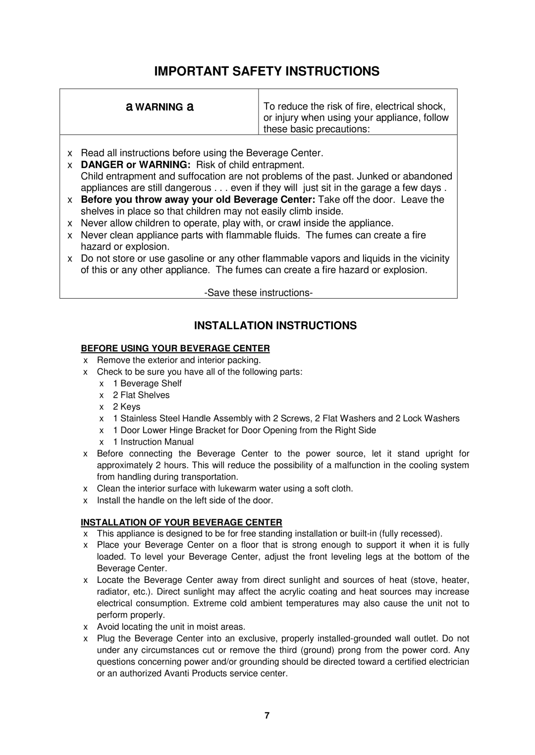 Avanti BCA5102SS-1 Installation Instructions,  Before Using Your Beverage Center,  Installation of Your Beverage Center 