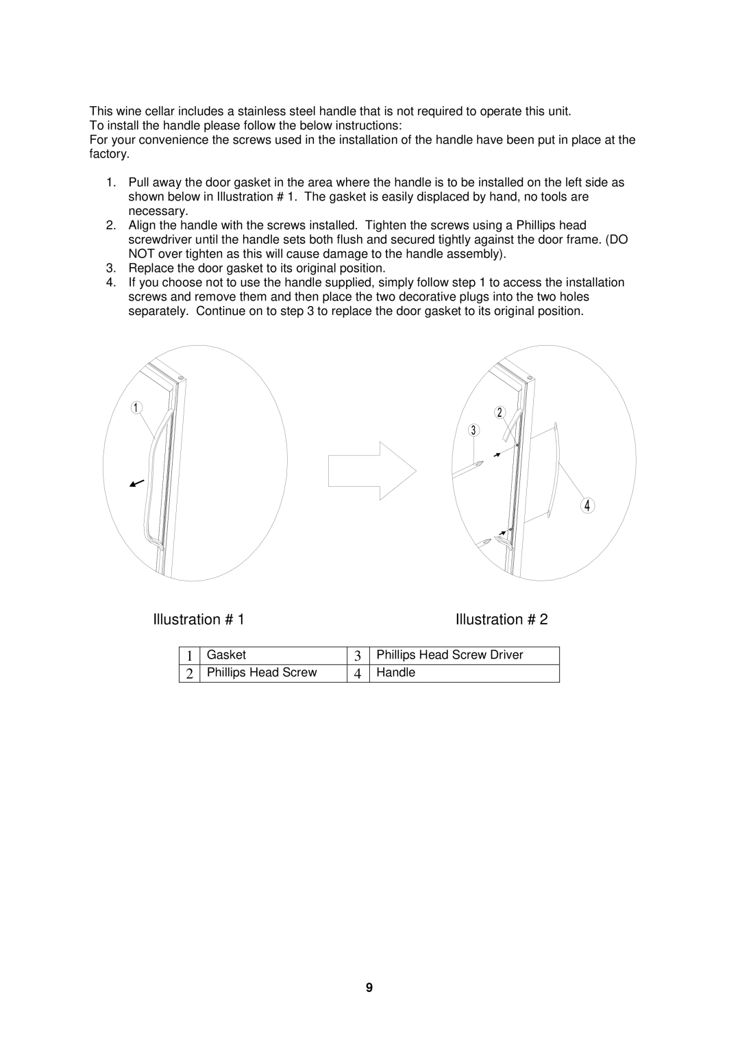 Avanti BCA5102SS-1 instruction manual  Installing Stainless Steel Handle Model BCA5105SG-1 only 