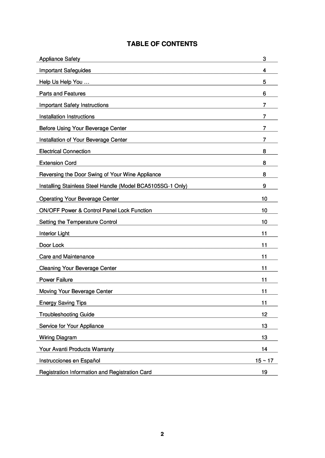 Avanti BCA5102SS-1 instruction manual Table Of Contents 