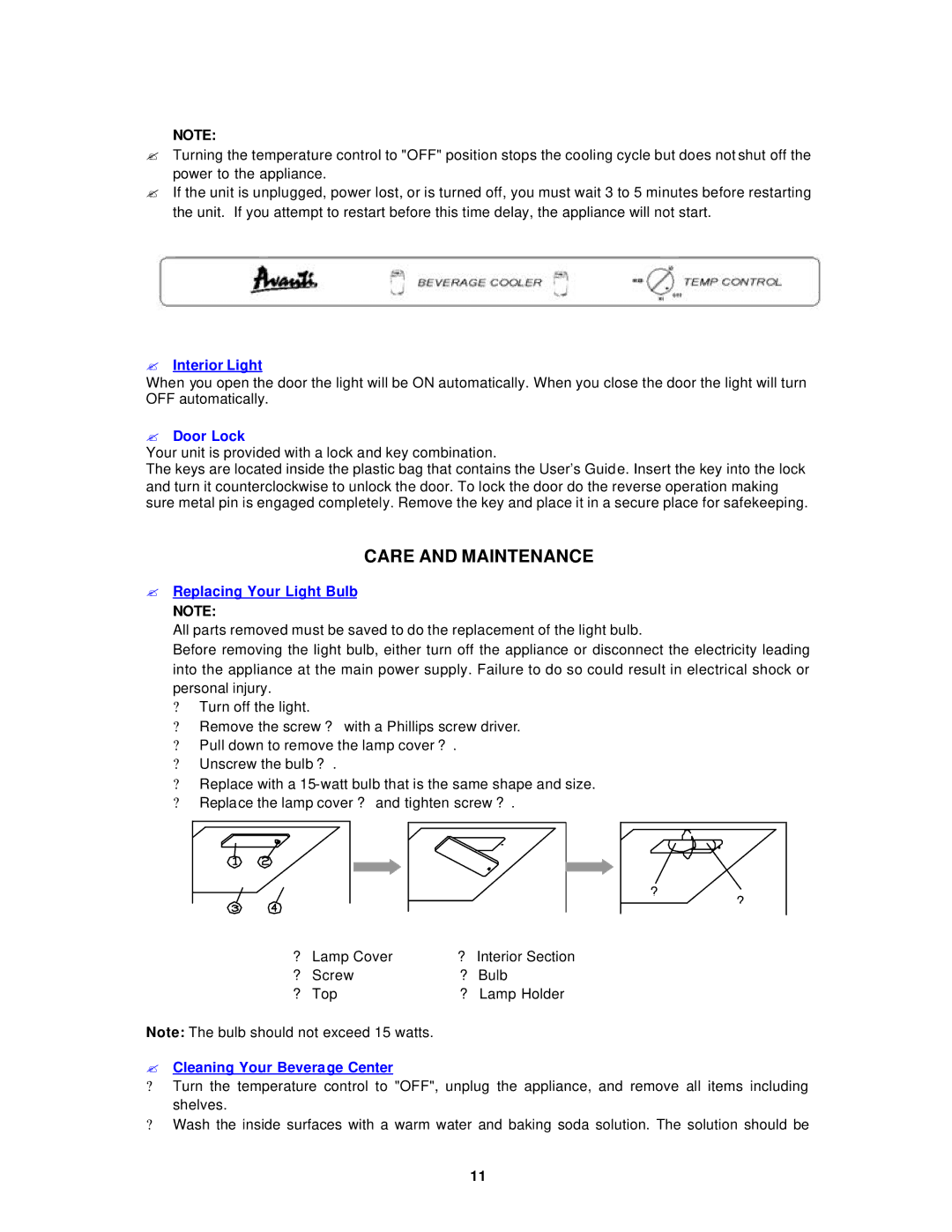 Avanti BCA5104SG, BCA5102SS instruction manual Care and Maintenance, ? Interior Light 