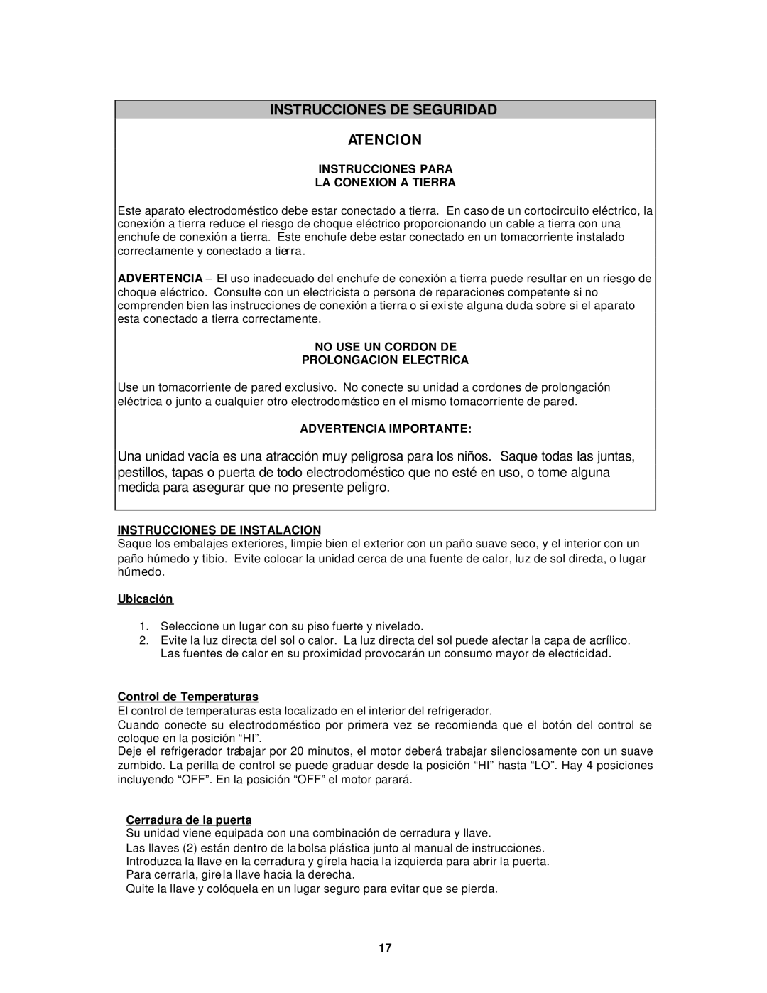 Avanti BCA5104SG Instrucciones DE Seguridad Atencion, Ubicación, Control de Temperaturas, Cerradura de la puerta 