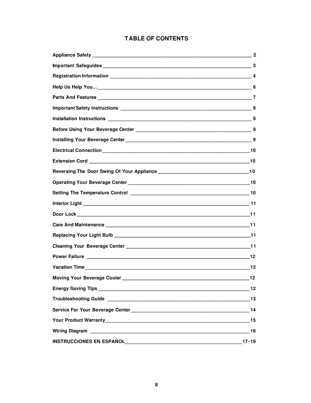 Avanti BCA5102SS, BCA5104SG instruction manual Table of Contents 