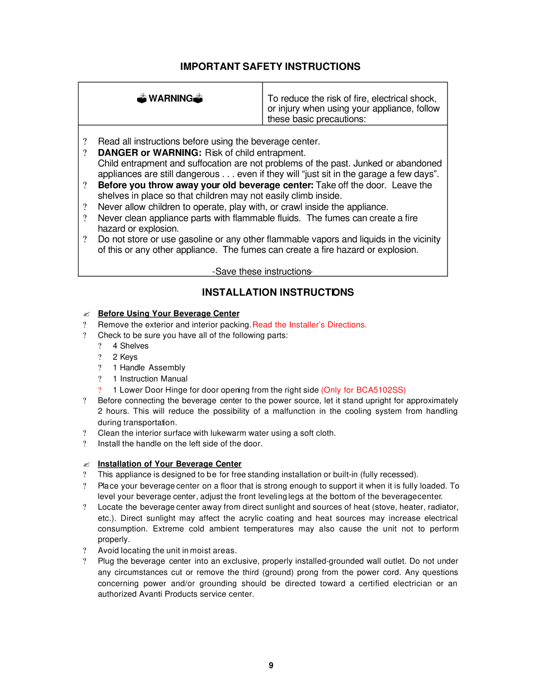 Avanti BCA5104SG, BCA5102SS Important Safety Instructions, Installation Instructions, ? Before Using Your Beverage Center 