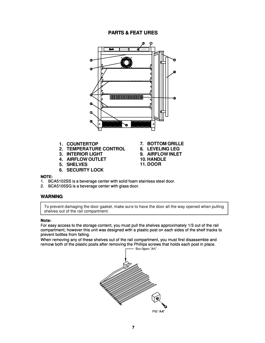 Avanti BCA5104SG, BCA5102SS instruction manual Parts & Feat Ures 