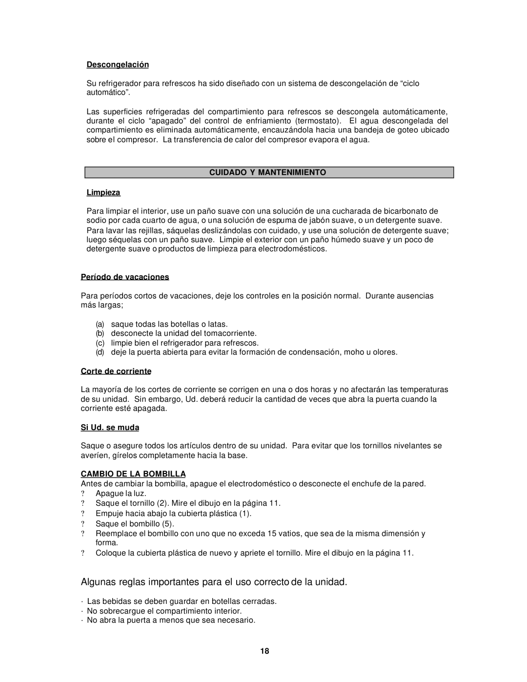 Avanti BCA5102SS, BCA5105SG Descongelación, Limpieza, Período de vacaciones, Corte de corriente, Si Ud. se muda 