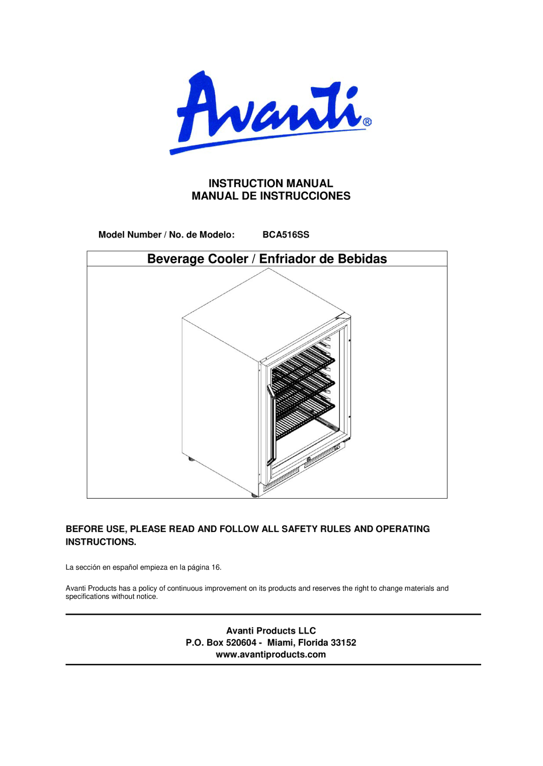 Avanti BCA516SS instruction manual Manual DE Instrucciones, Model Number / No. de Modelo 