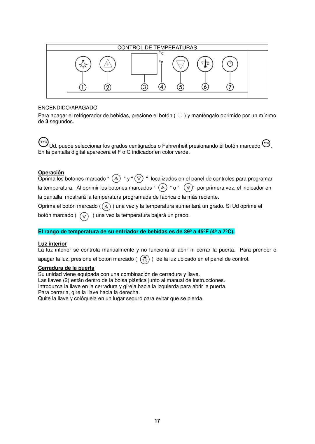 Avanti BCA516SS instruction manual Operación, Cerradura de la puerta 