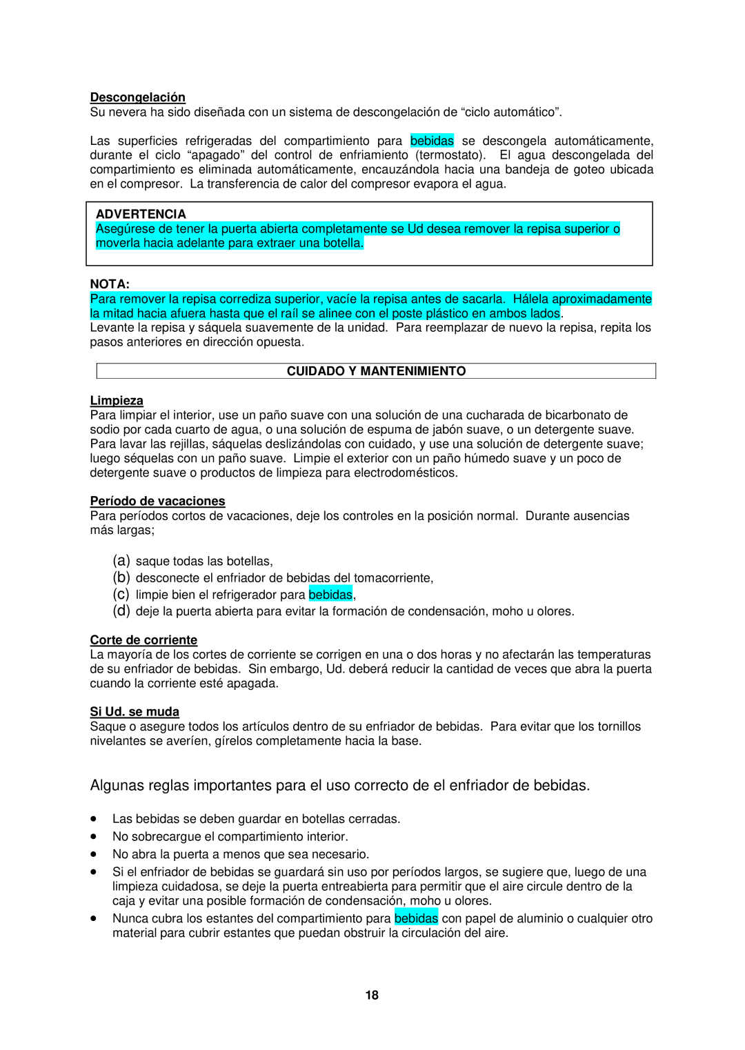 Avanti BCA516SS instruction manual Advertencia, Nota, Cuidado Y Mantenimiento 