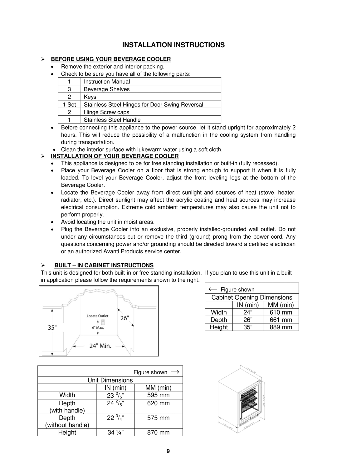 Avanti BCA516SS Installation Instructions,  Before Using Your Beverage Cooler,  Installation of Your Beverage Cooler 