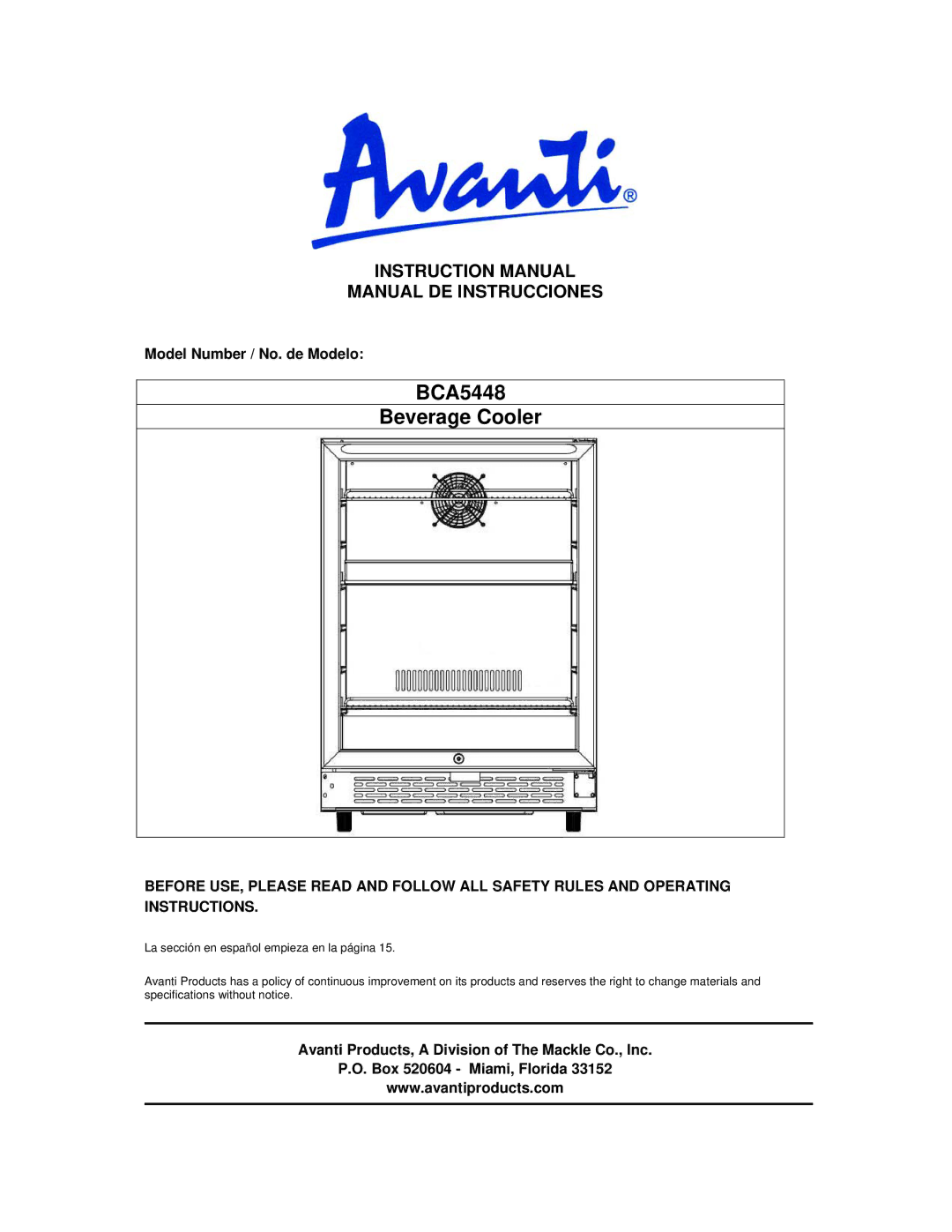 Avanti instruction manual BCA5448 Beverage Cooler, Manual DE Instrucciones 