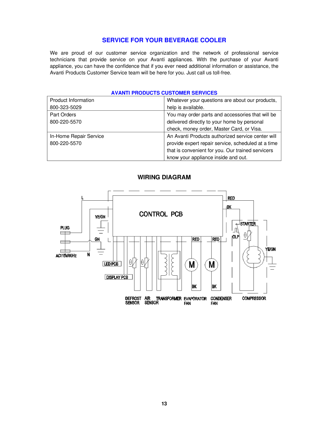 Avanti BCA5448 instruction manual Service for Your Beverage Cooler, Wiring Diagram 