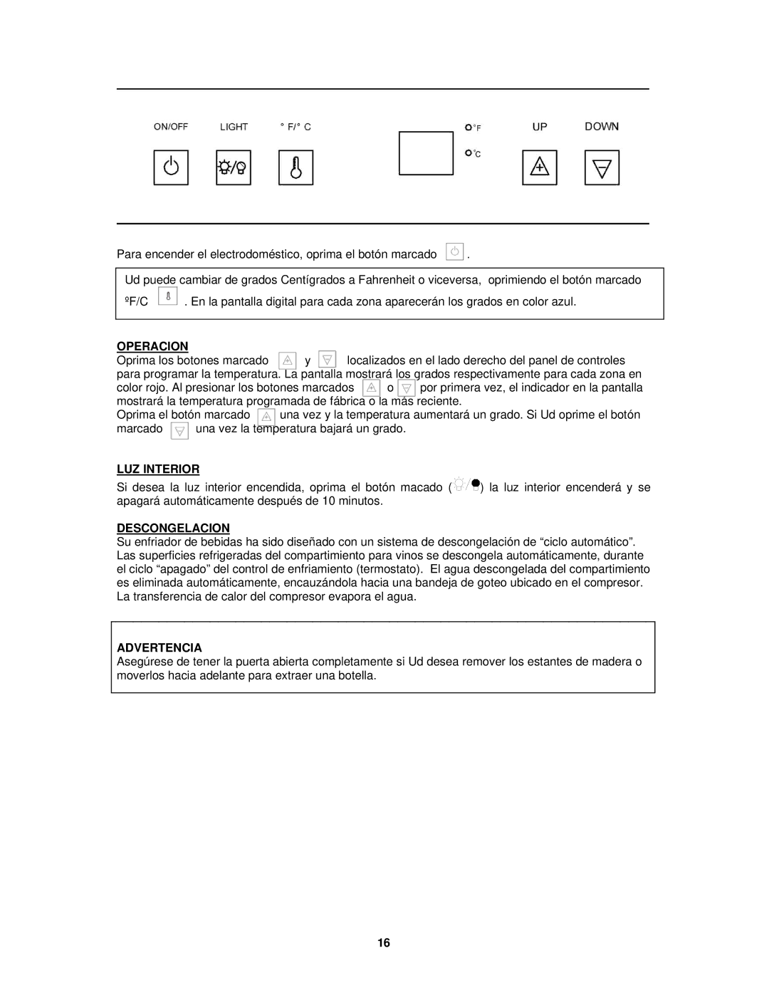 Avanti BCA5448 instruction manual LUZ Interior, Descongelacion, Advertencia 