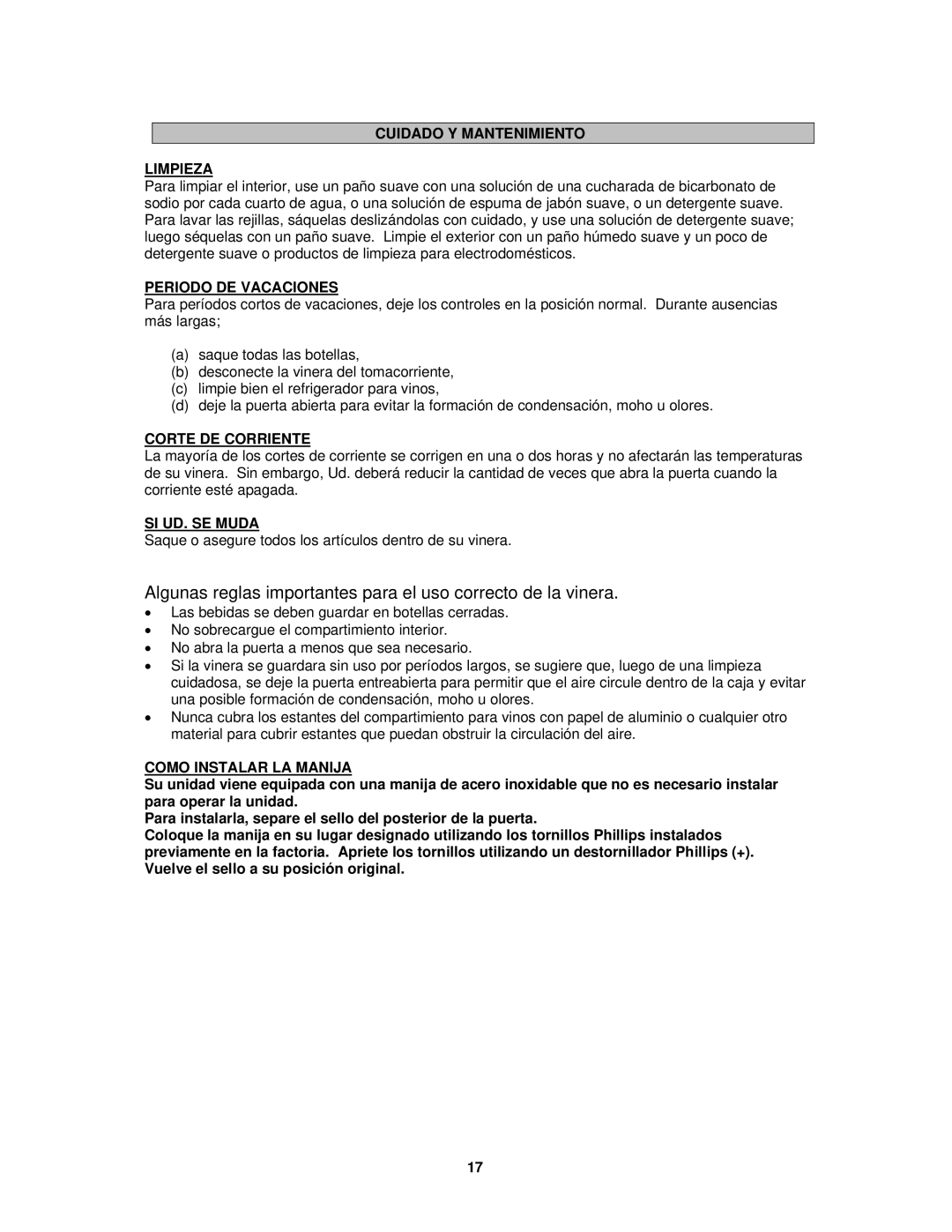 Avanti BCA5448 Cuidado Y Mantenimiento Limpieza, Periodo DE Vacaciones, Corte DE Corriente, SI UD. SE Muda 