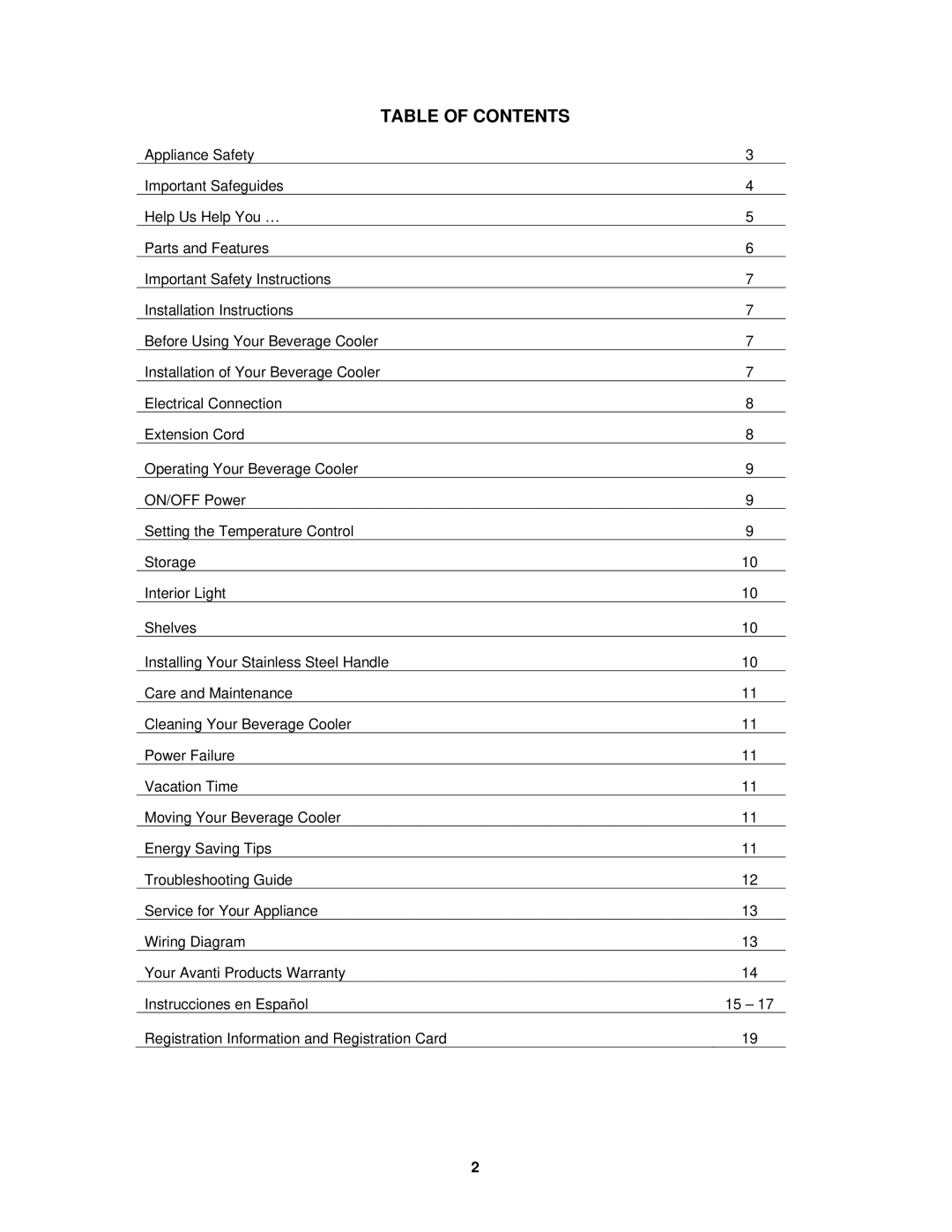 Avanti BCA5448 instruction manual Table of Contents 