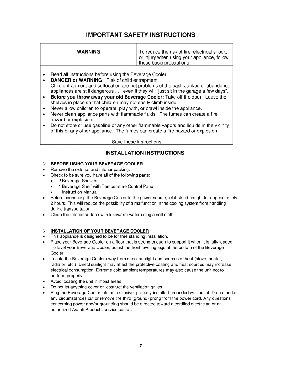 Avanti BCA5448 Installation Instructions,  Before Using Your Beverage Cooler,  Installation of Your Beverage Cooler 