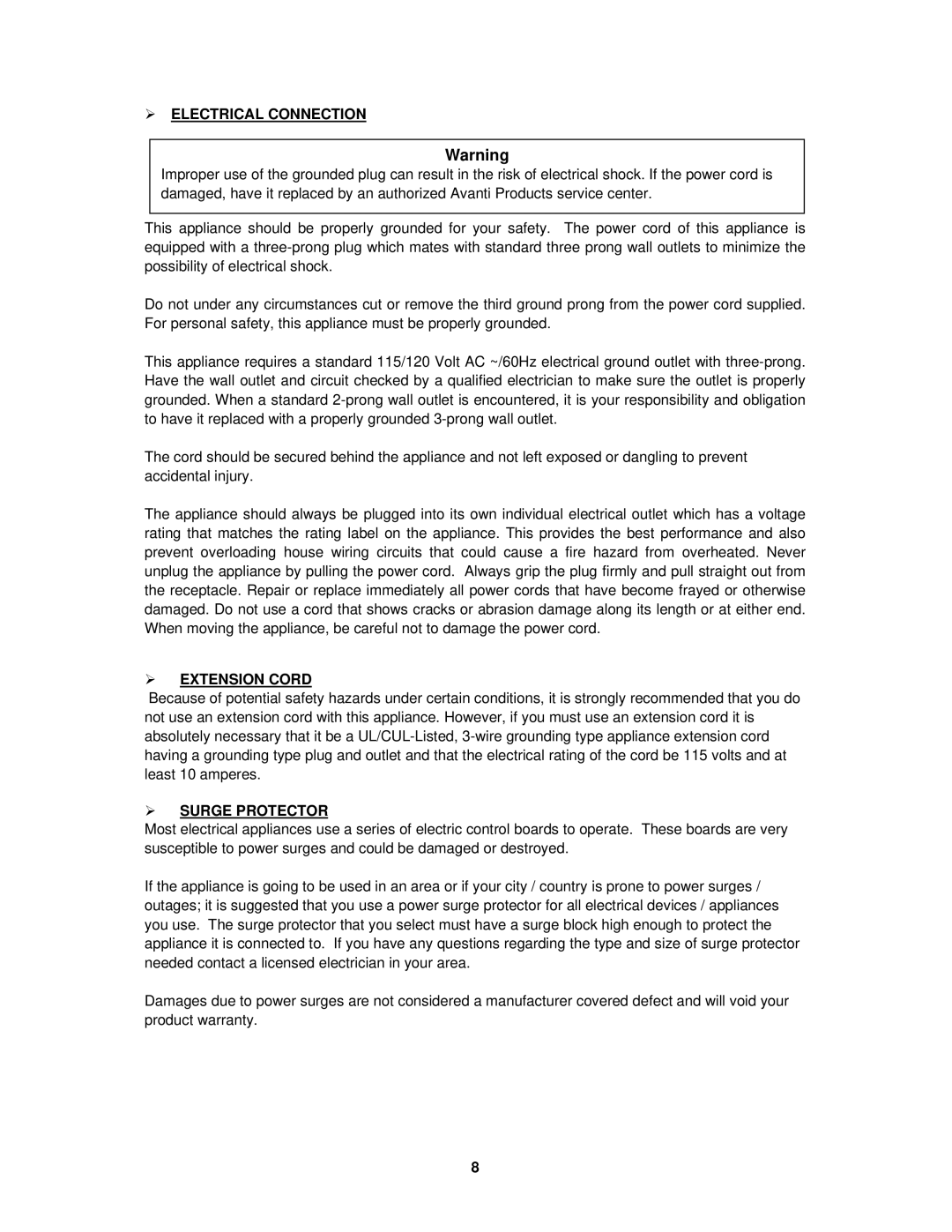 Avanti BCA5448 instruction manual  Electrical Connection,  Extension Cord,  Surge Protector 