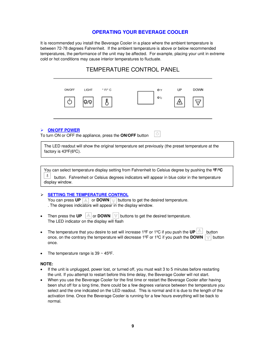 Avanti BCA5448 instruction manual  ON/OFF Power,  Setting the Temperature Control 