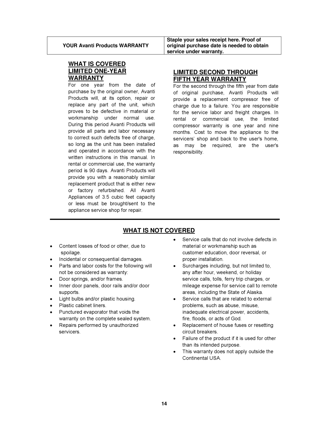 Avanti BCA57SSR What is Covered Limited ONE-YEAR Warranty, Limited Second Through Fifth Year Warranty, What is not Covered 