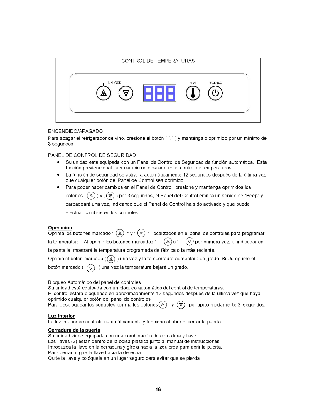 Avanti BCA57SSR instruction manual Operación, Luz interior, Cerradura de la puerta 