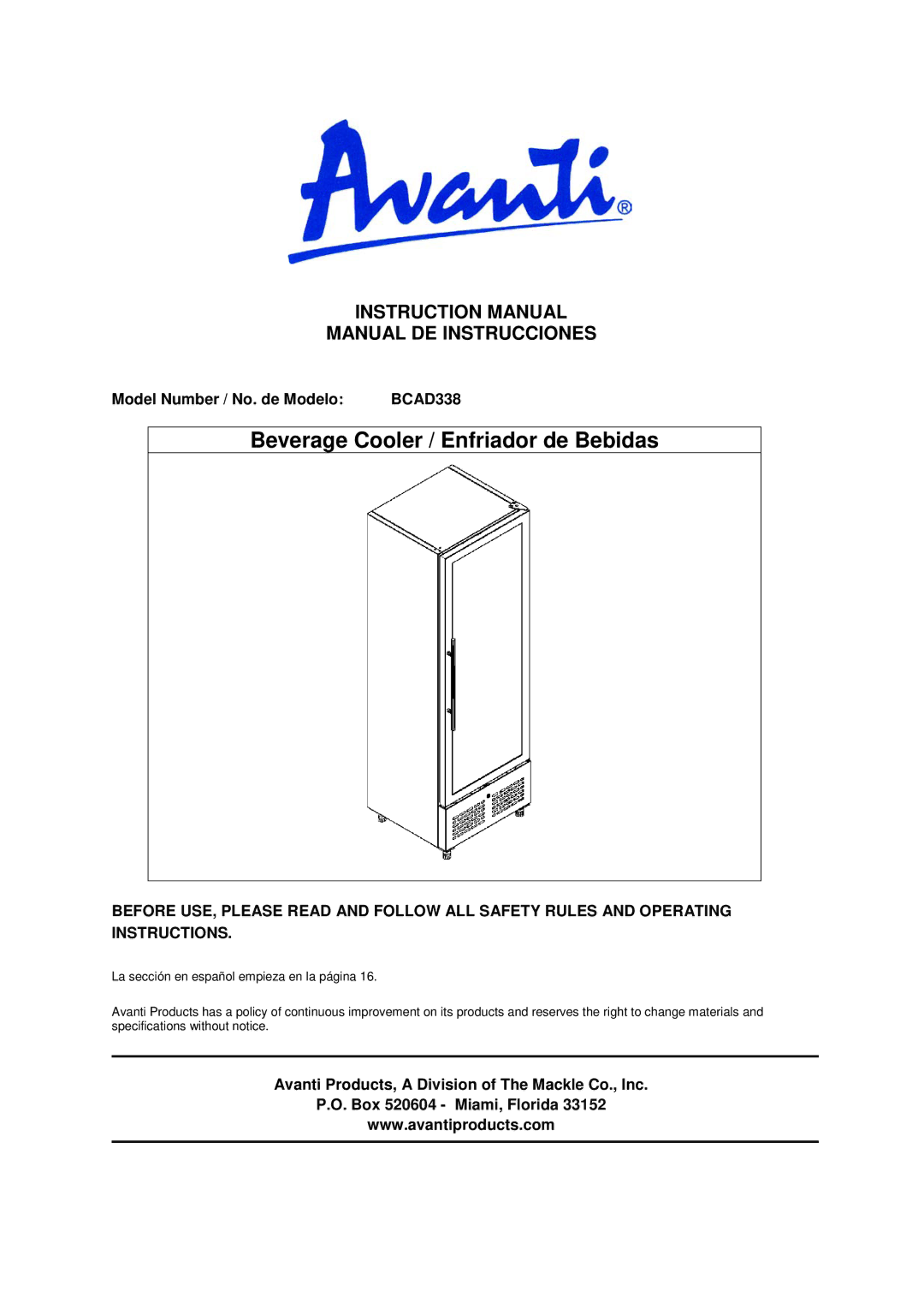 Avanti BCAD338 manual Manual DE Instrucciones, Model Number / No. de Modelo 