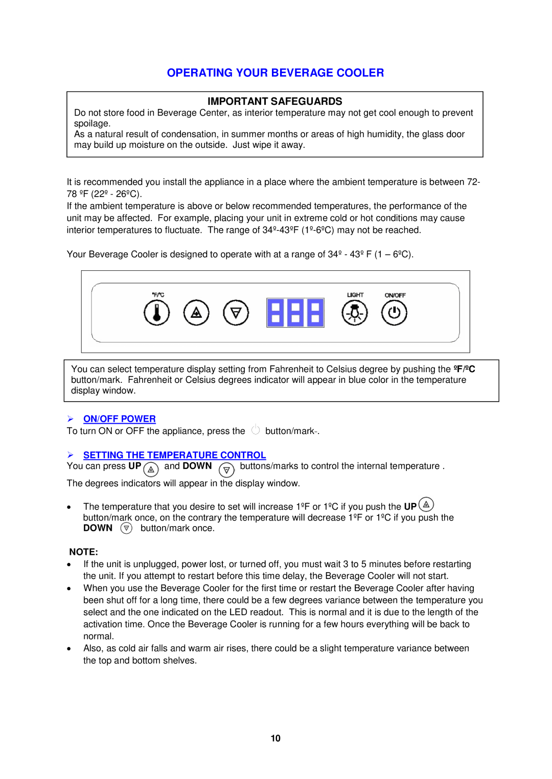 Avanti BCAD338 manual  ON/OFF Power,  Setting the Temperature Control 