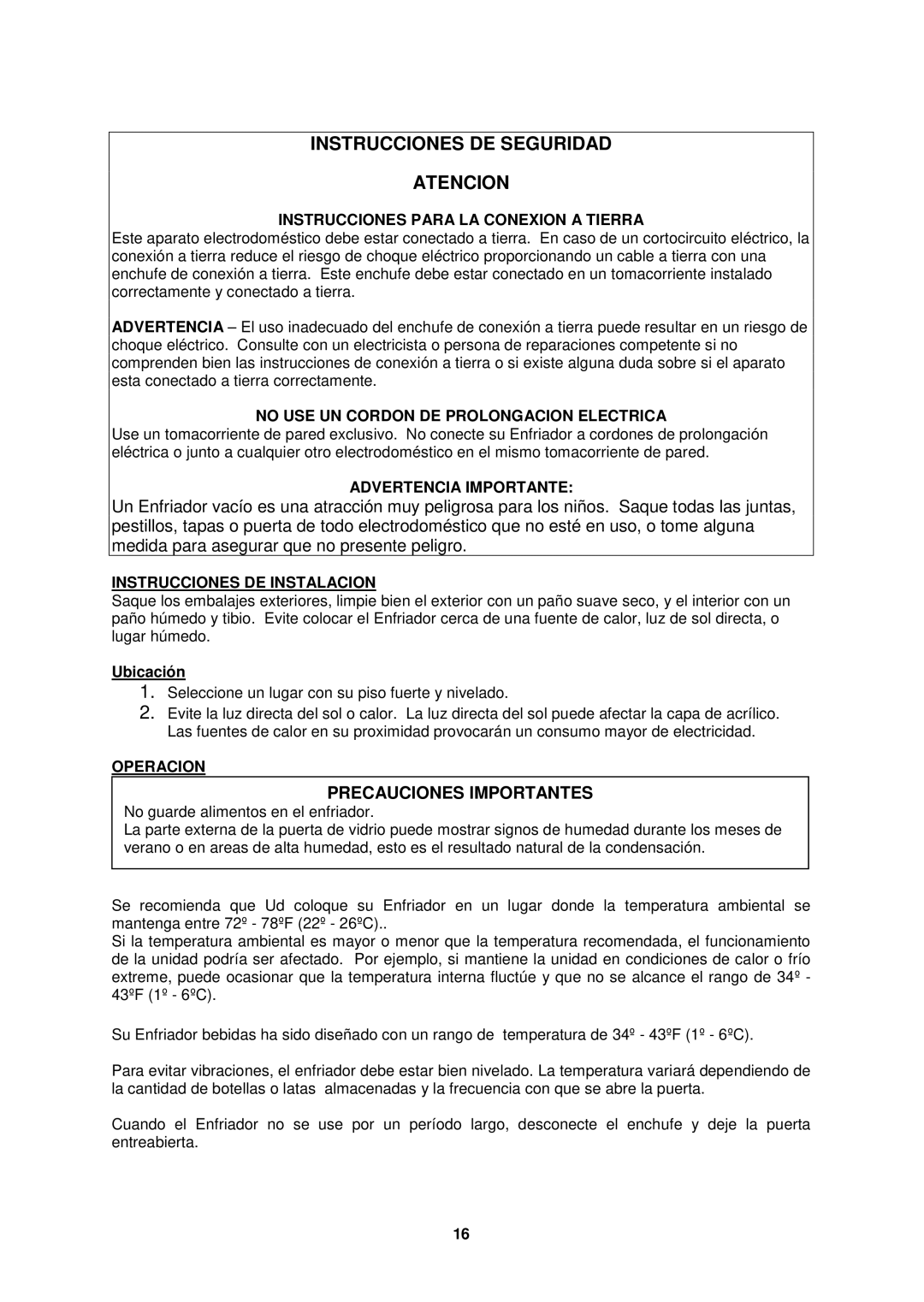 Avanti BCAD338 manual Instrucciones DE Seguridad Atencion 