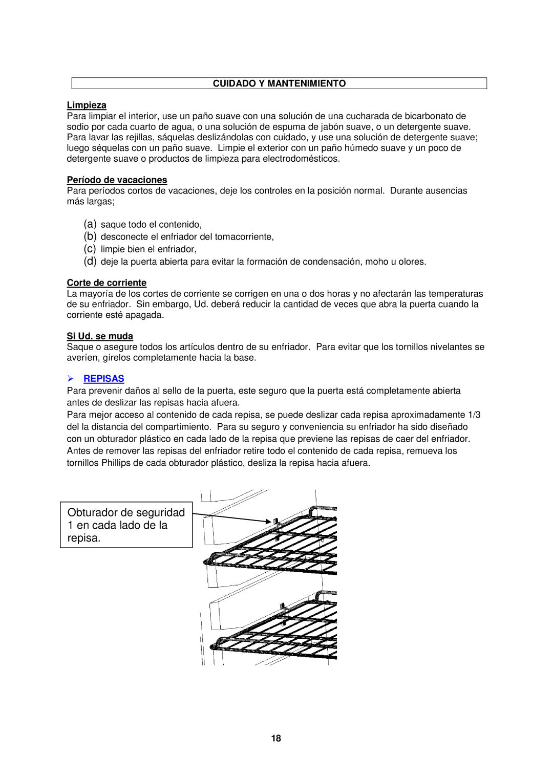 Avanti BCAD338 manual Cuidado Y Mantenimiento,  Repisas 