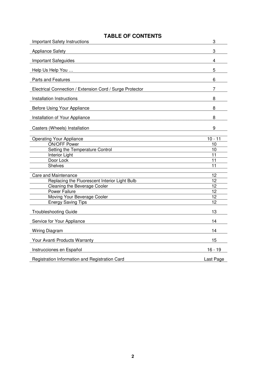 Avanti BCAD338 manual Table of Contents 