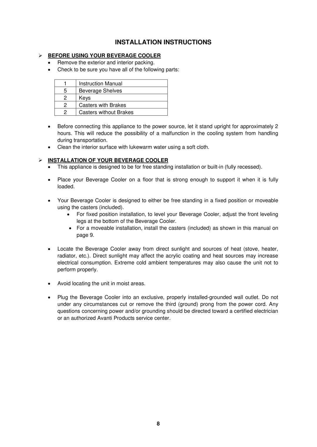 Avanti BCAD338 Installation Instructions,  Before Using Your Beverage Cooler,  Installation of Your Beverage Cooler 