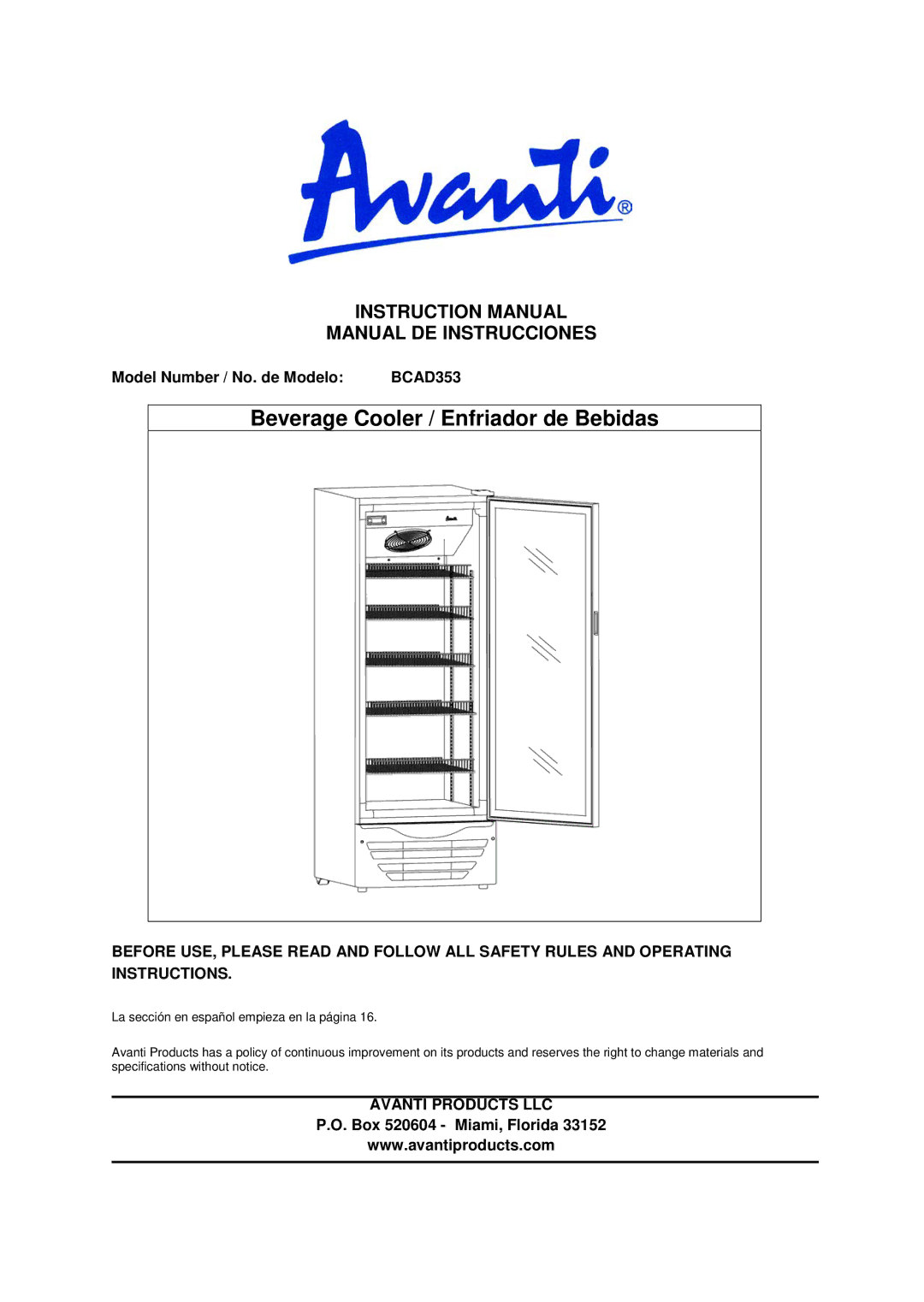 Avanti BCAD353 instruction manual Manual DE Instrucciones, Model Number / No. de Modelo, Avanti Products LLC 