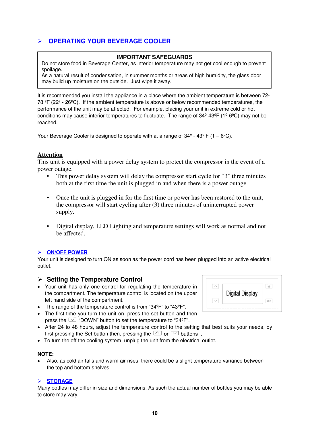 Avanti BCAD353 instruction manual  ON/OFF Power,  Storage 