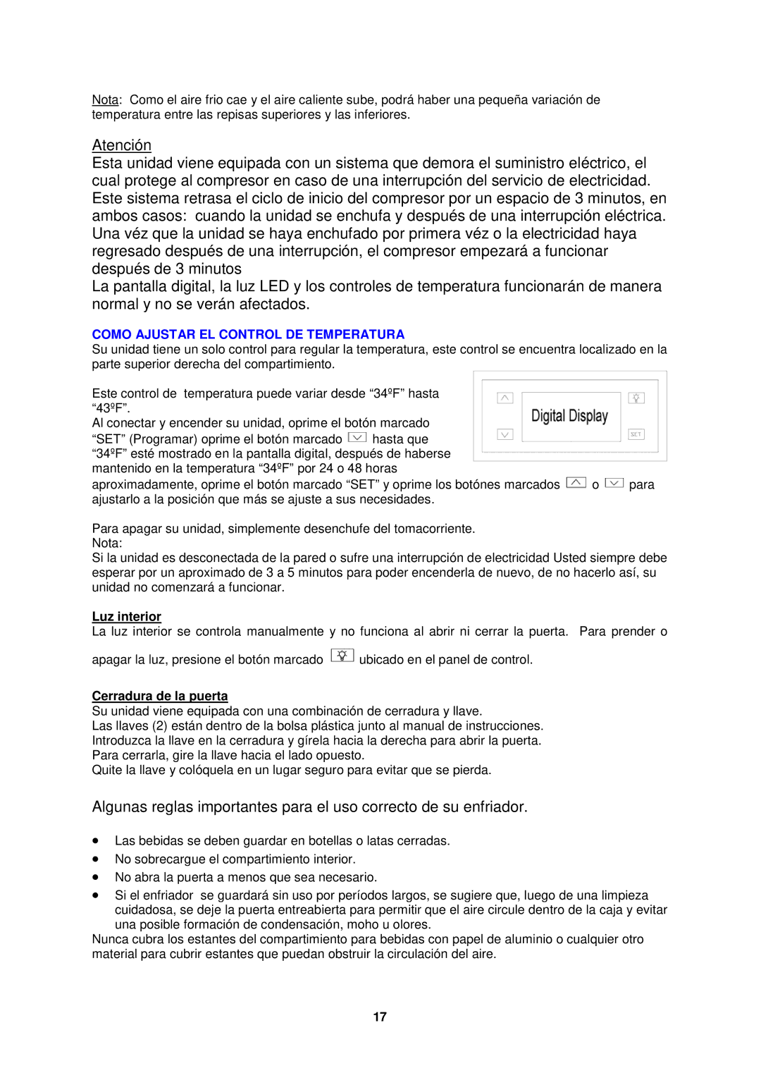 Avanti BCAD353 instruction manual Como Ajustar EL Control DE Temperatura, Luz interior, Cerradura de la puerta 