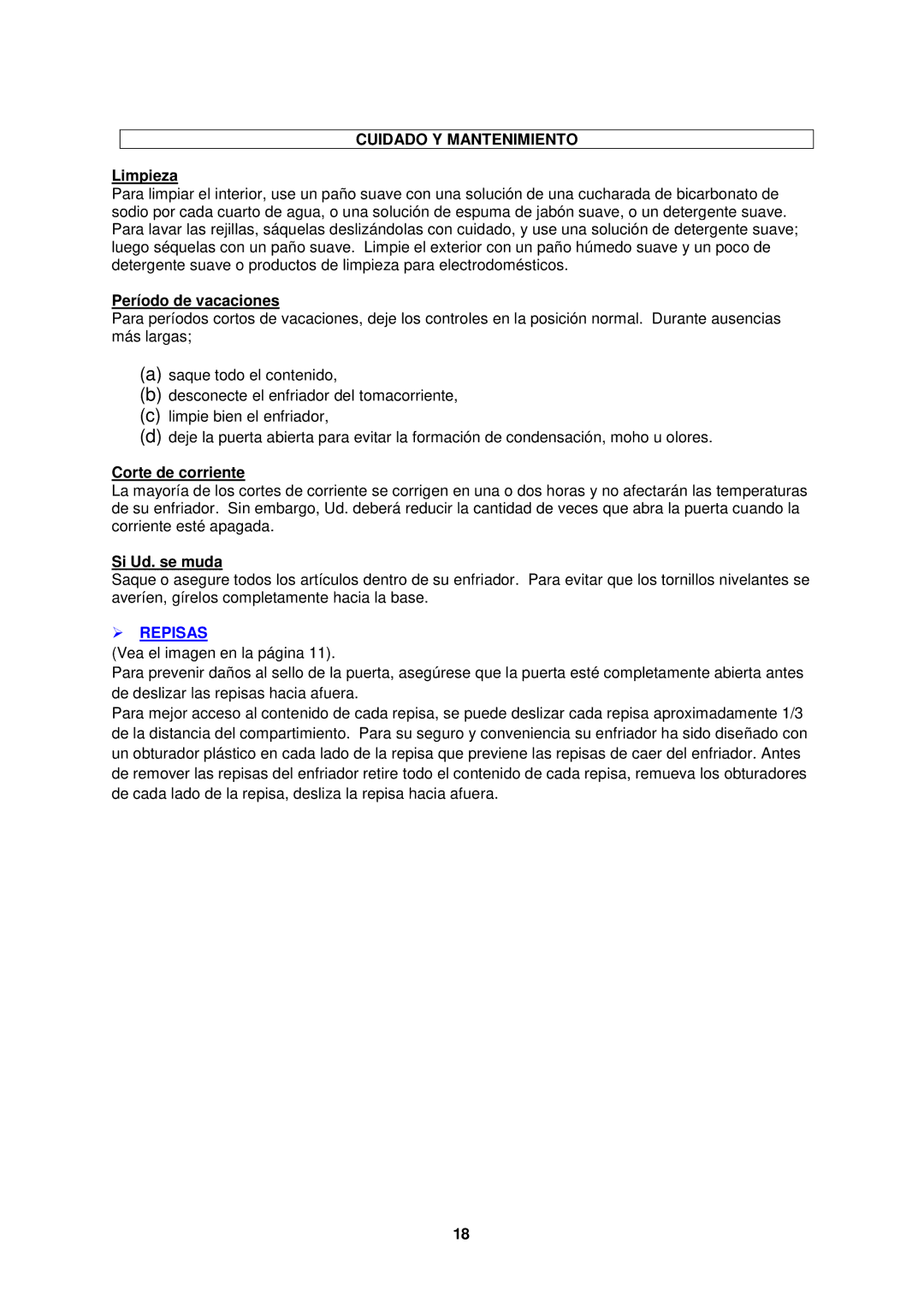 Avanti BCAD353 instruction manual Cuidado Y Mantenimiento,  Repisas 