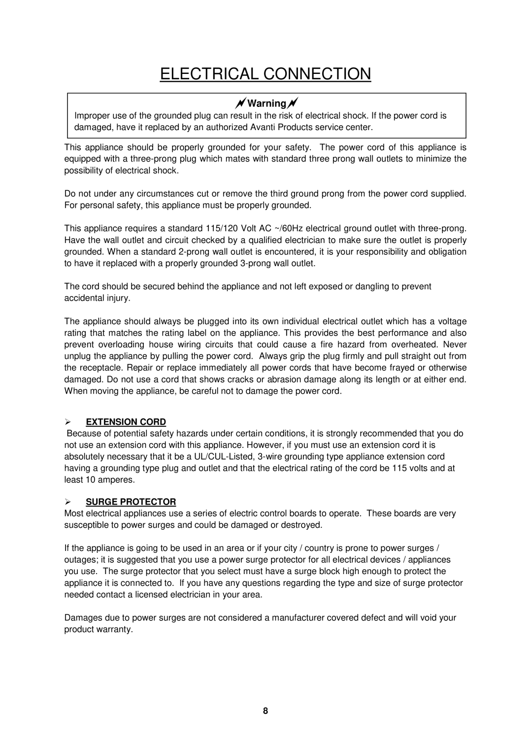 Avanti BCAD353 instruction manual  Extension Cord,  Surge Protector 