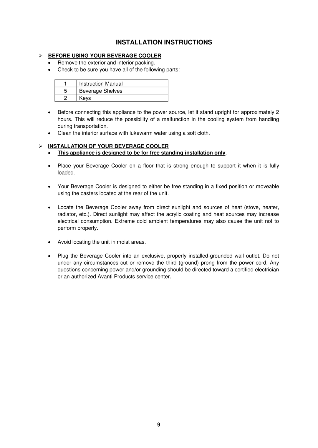 Avanti BCAD353 Installation Instructions,  Before Using Your Beverage Cooler,  Installation of Your Beverage Cooler 