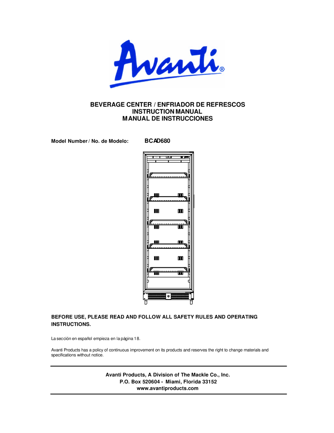 Avanti BCAD680 instruction manual Model Number / No. de Modelo 