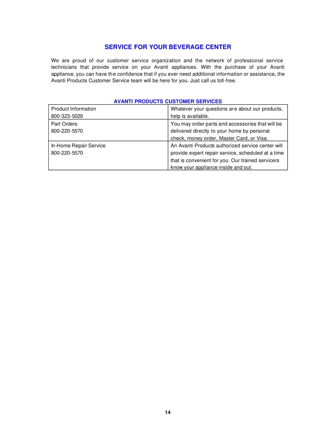 Avanti BCAD680 instruction manual Service for Your Beverage Center 