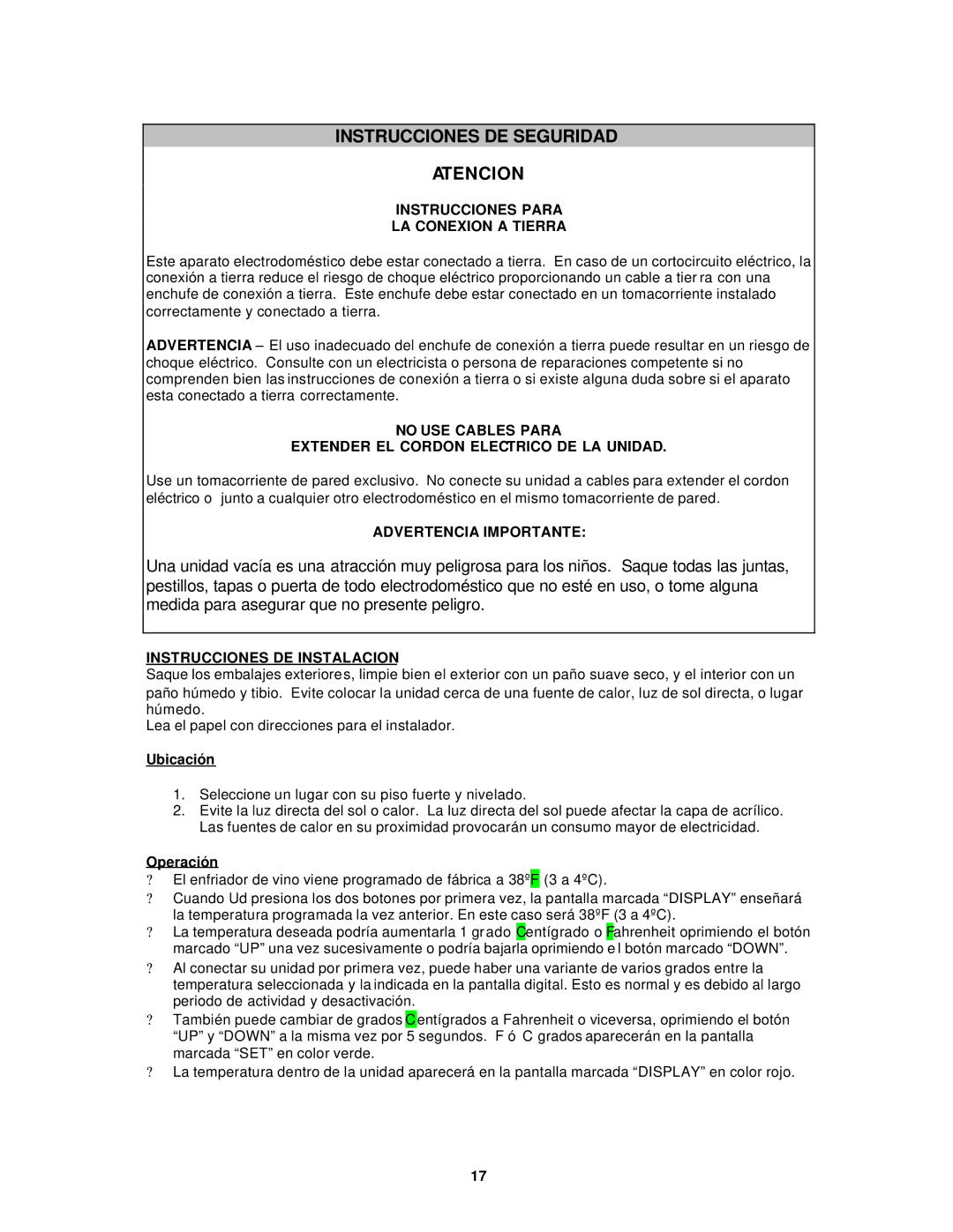 Avanti BCAD680 instruction manual Instrucciones DE Seguridad Atencion, Ubicación, Operación 