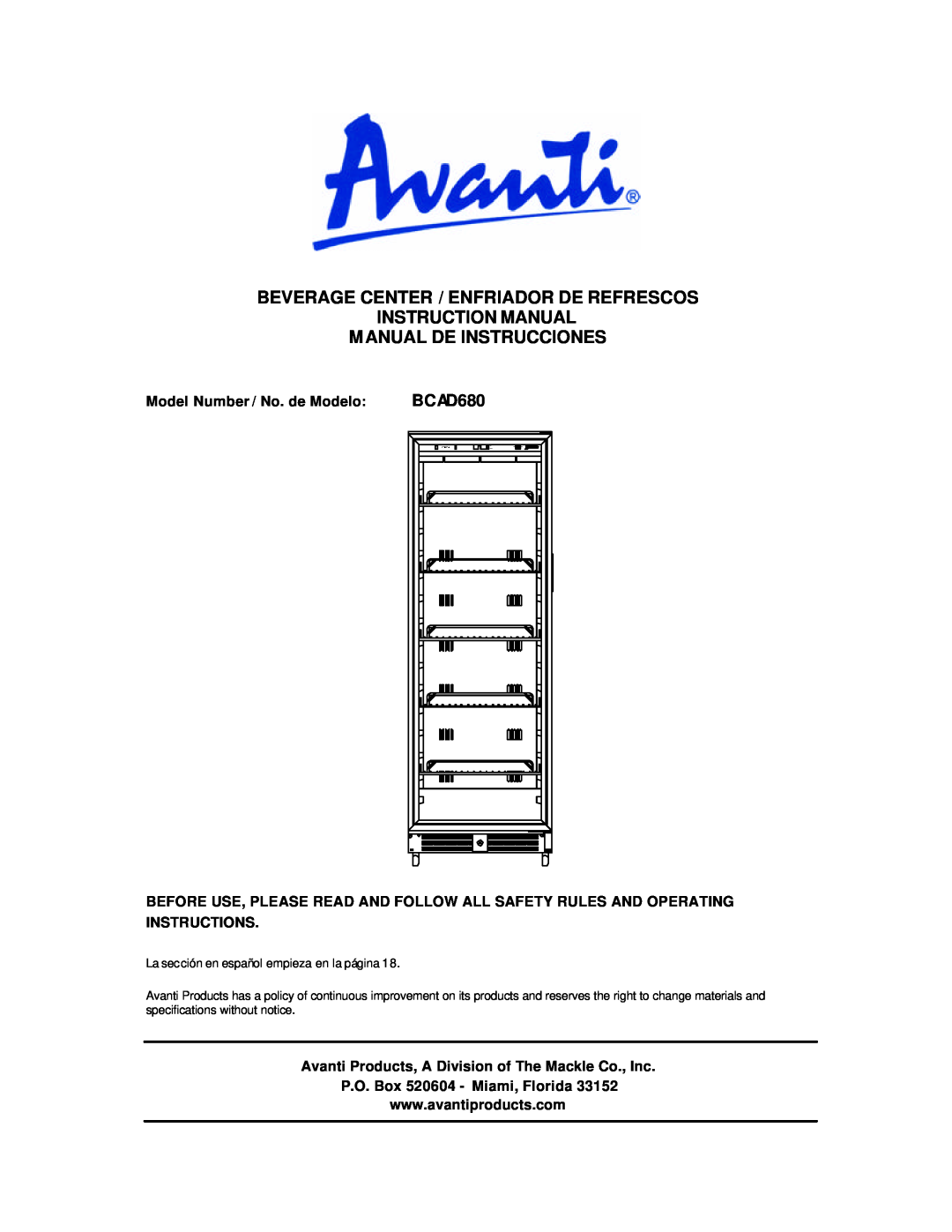 Avanti BCAD680 instruction manual Beverage Center / Enfriador De Refrescos, Model Number / No. de Modelo 