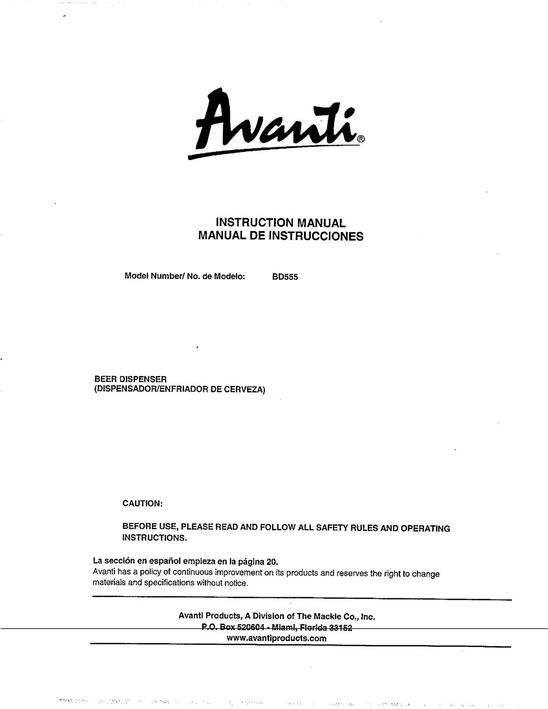 Avanti BD555 manual 