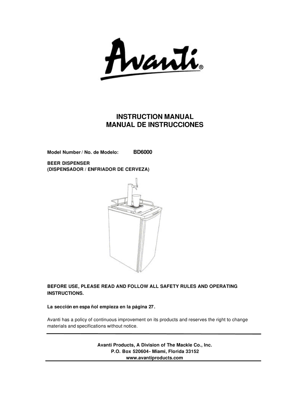 Avanti BD6000 instruction manual Model Number / No. de Modelo, La sección en espa ñol empieza en la página 