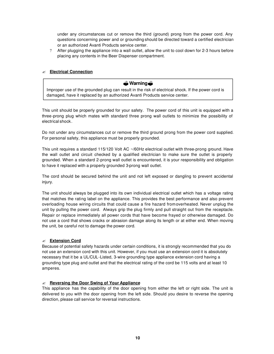 Avanti BD6000 ?Warning?, ? Electrical Connection, ? Extension Cord, ? Reversing the Door Swing of Your Appliance 