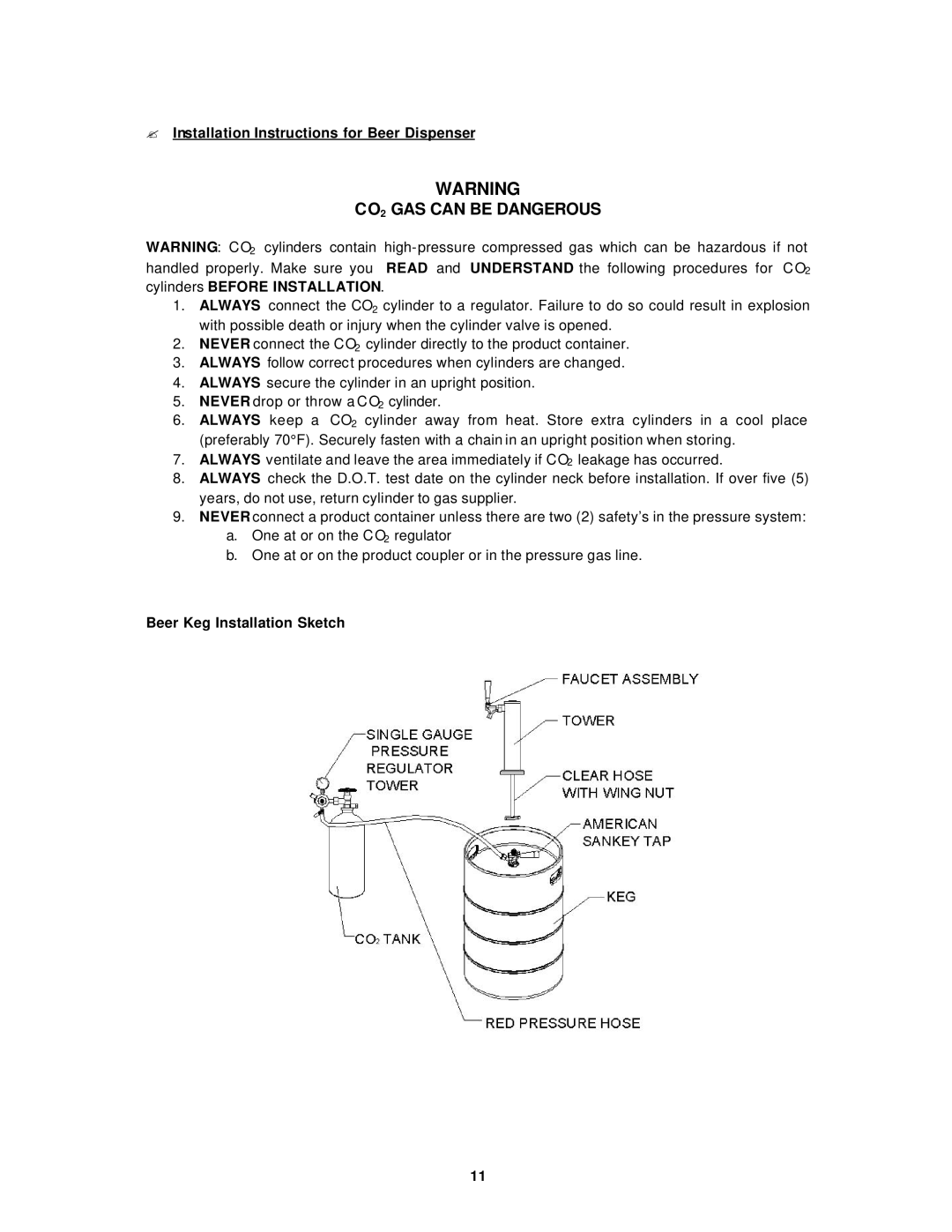 Avanti BD6000 CO2 GAS can be Dangerous, ? Installation Instructions for Beer Dispenser, Beer Keg Installation Sketch 