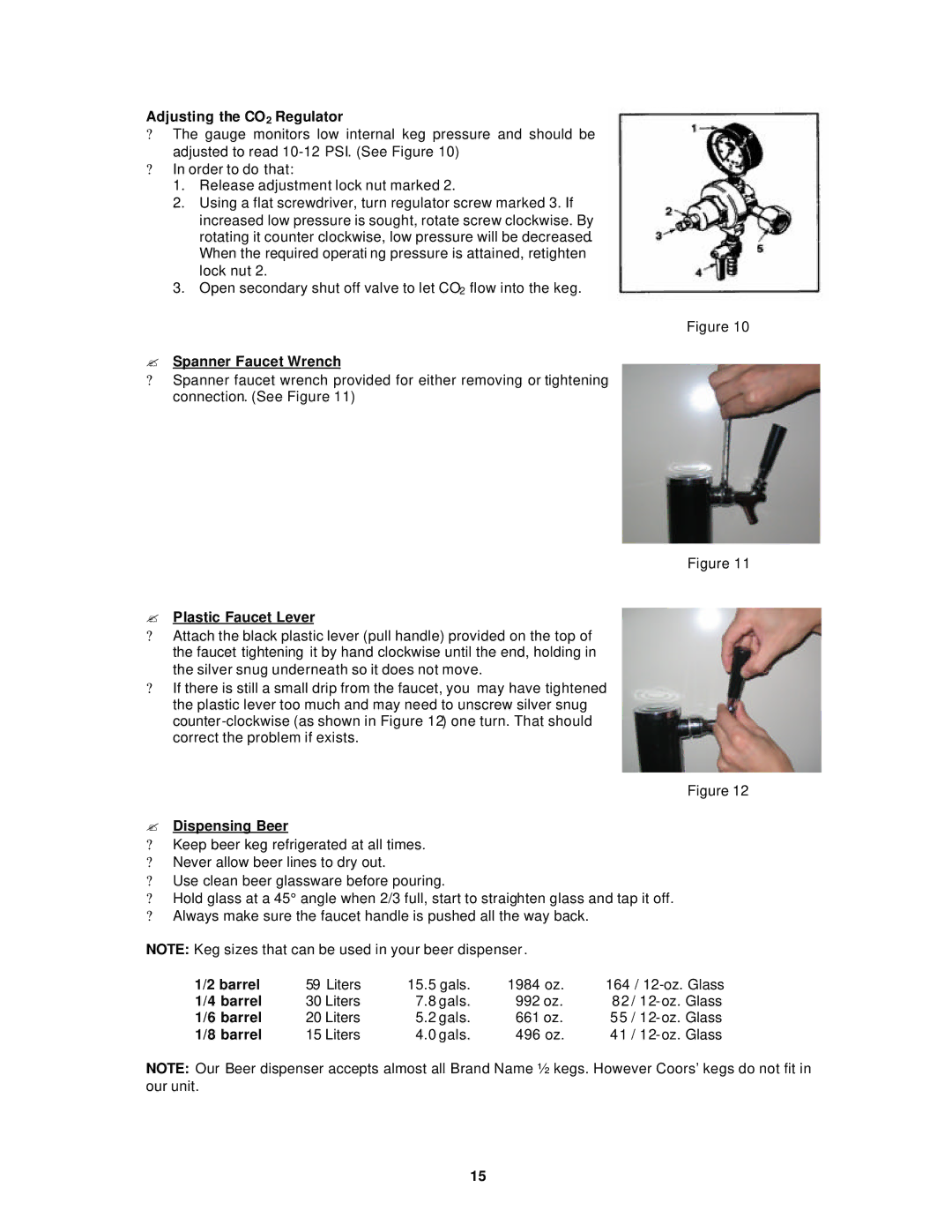 Avanti BD6000 Adjusting the CO2 Regulator, ? Spanner Faucet Wrench, ? Plastic Faucet Lever, ? Dispensing Beer, Barrel 