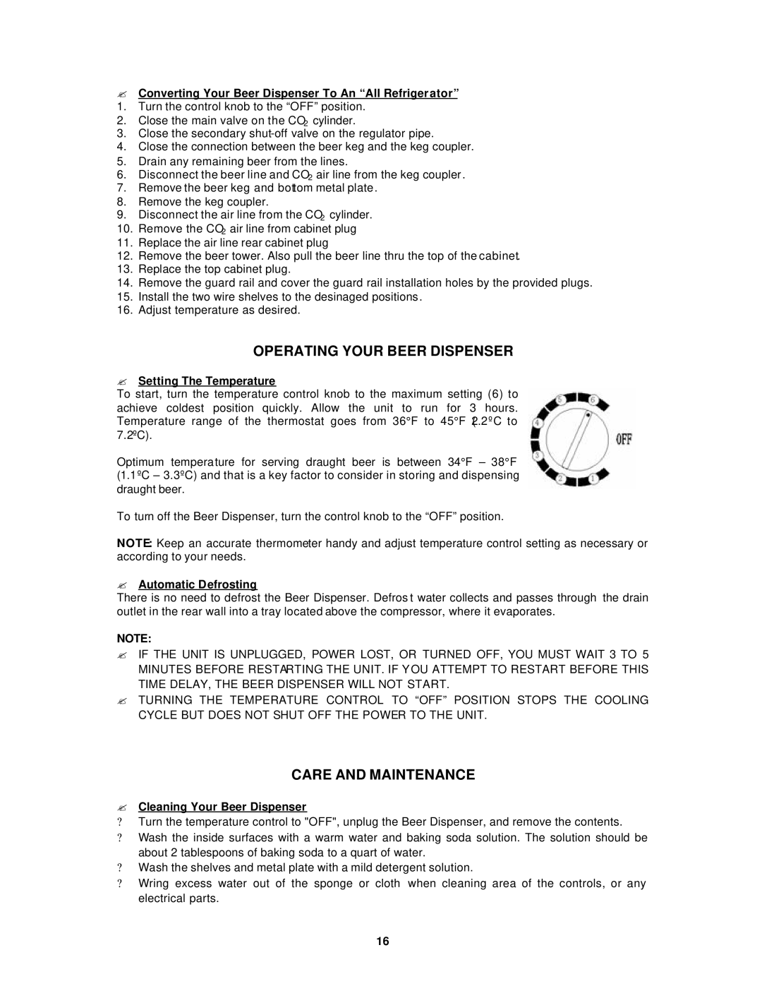 Avanti BD6000 instruction manual Operating Your Beer Dispenser, Care and Maintenance 