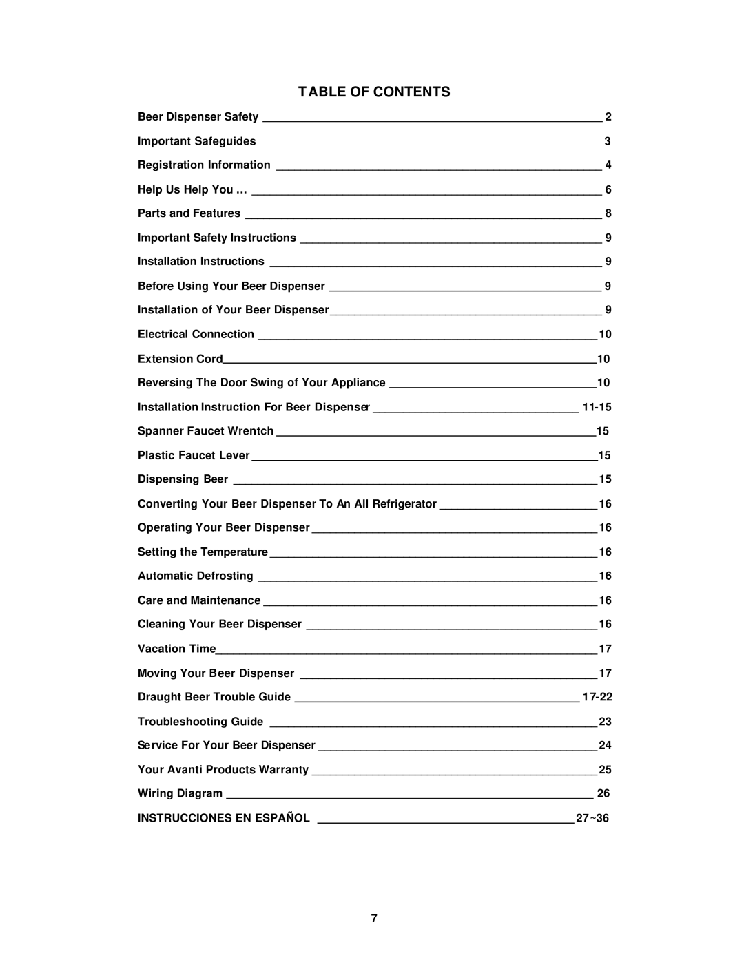 Avanti BD6000 instruction manual Table of Contents 