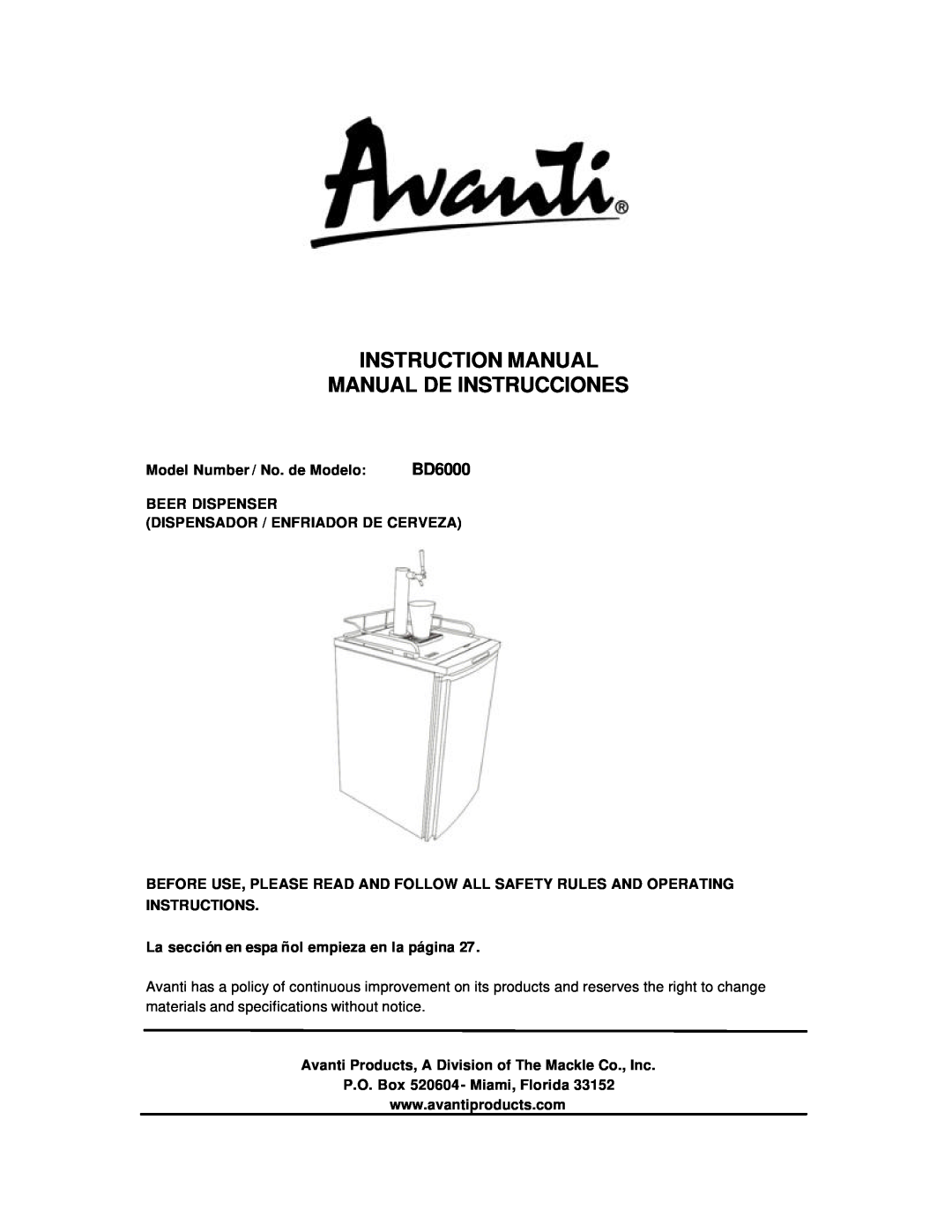 Avanti BD6000 instruction manual Model Number / No. de Modelo, Beer Dispenser Dispensador / Enfriador De Cerveza 