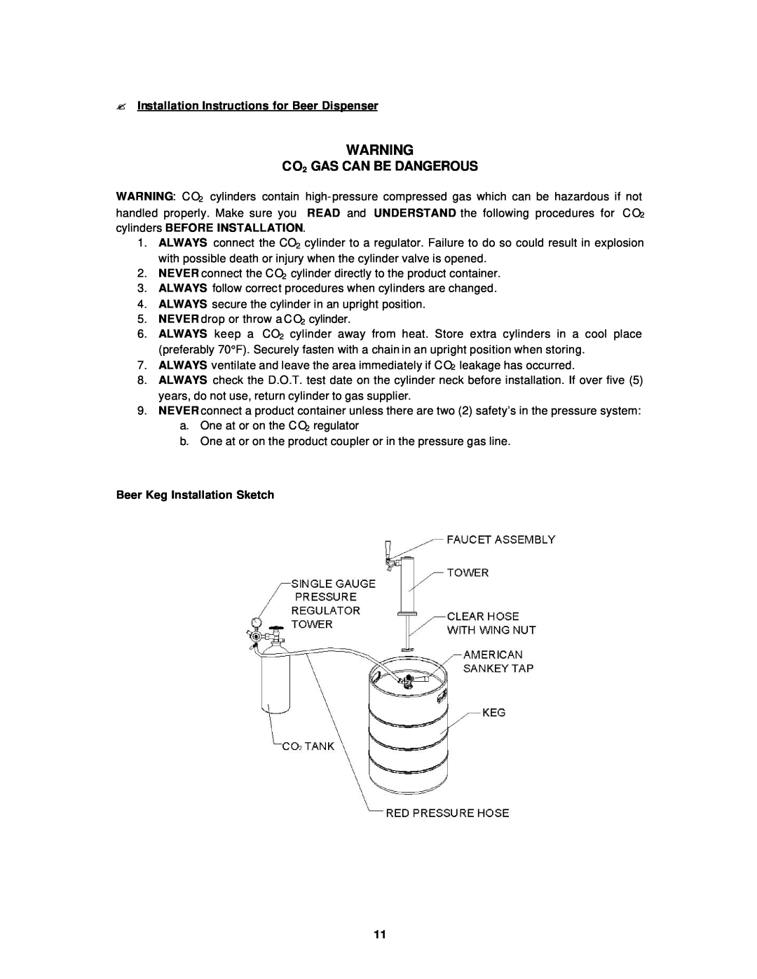 Avanti BD6000 CO2 GAS CAN BE DANGEROUS, ?Installation Instructions for Beer Dispenser, Beer Keg Installation Sketch 