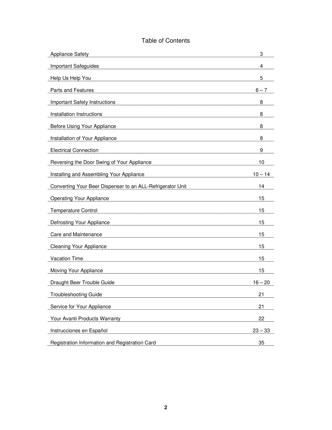 Avanti BD7000 instruction manual Table of Contents 