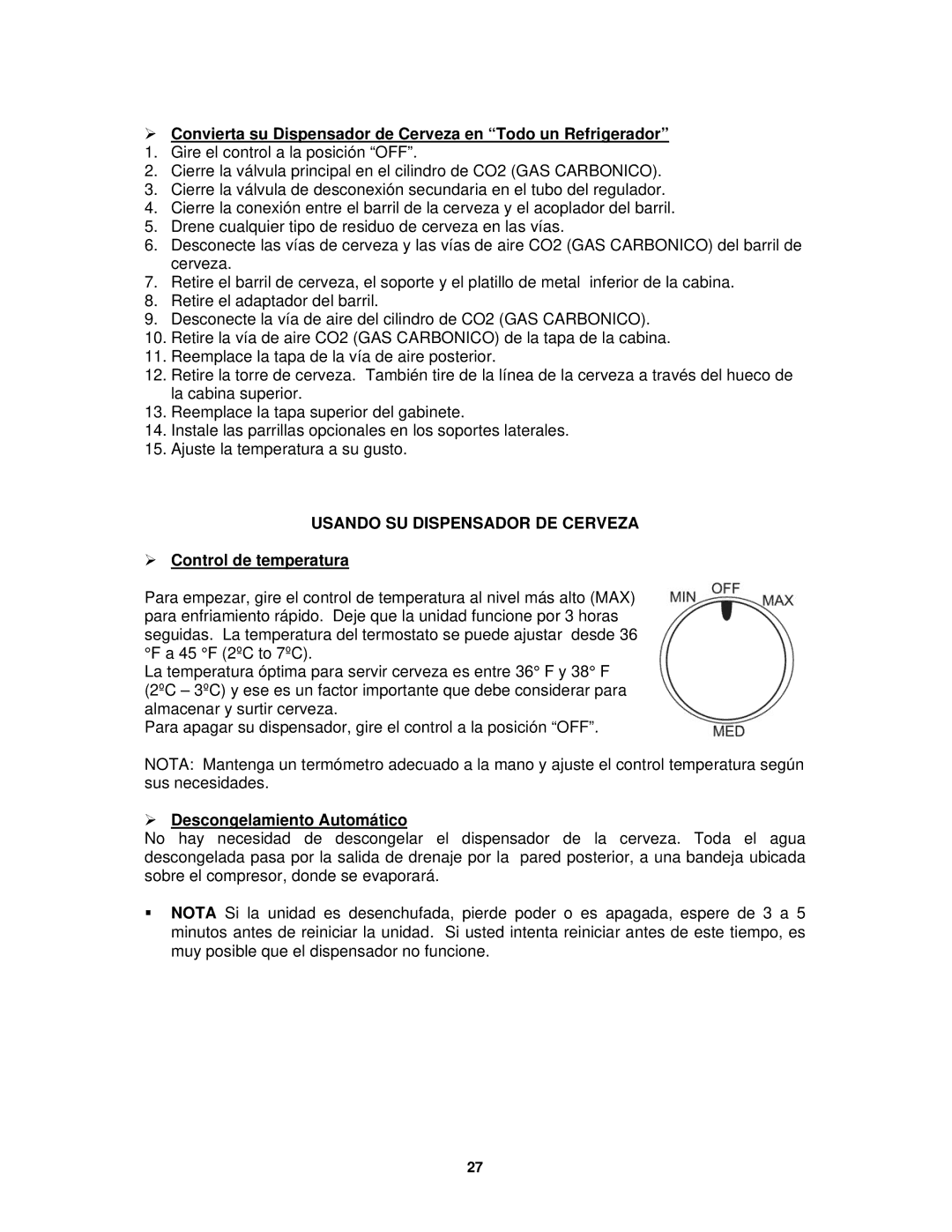 Avanti BD7000 instruction manual Usando SU Dispensador DE Cerveza,  Control de temperatura,  Descongelamiento Automático 